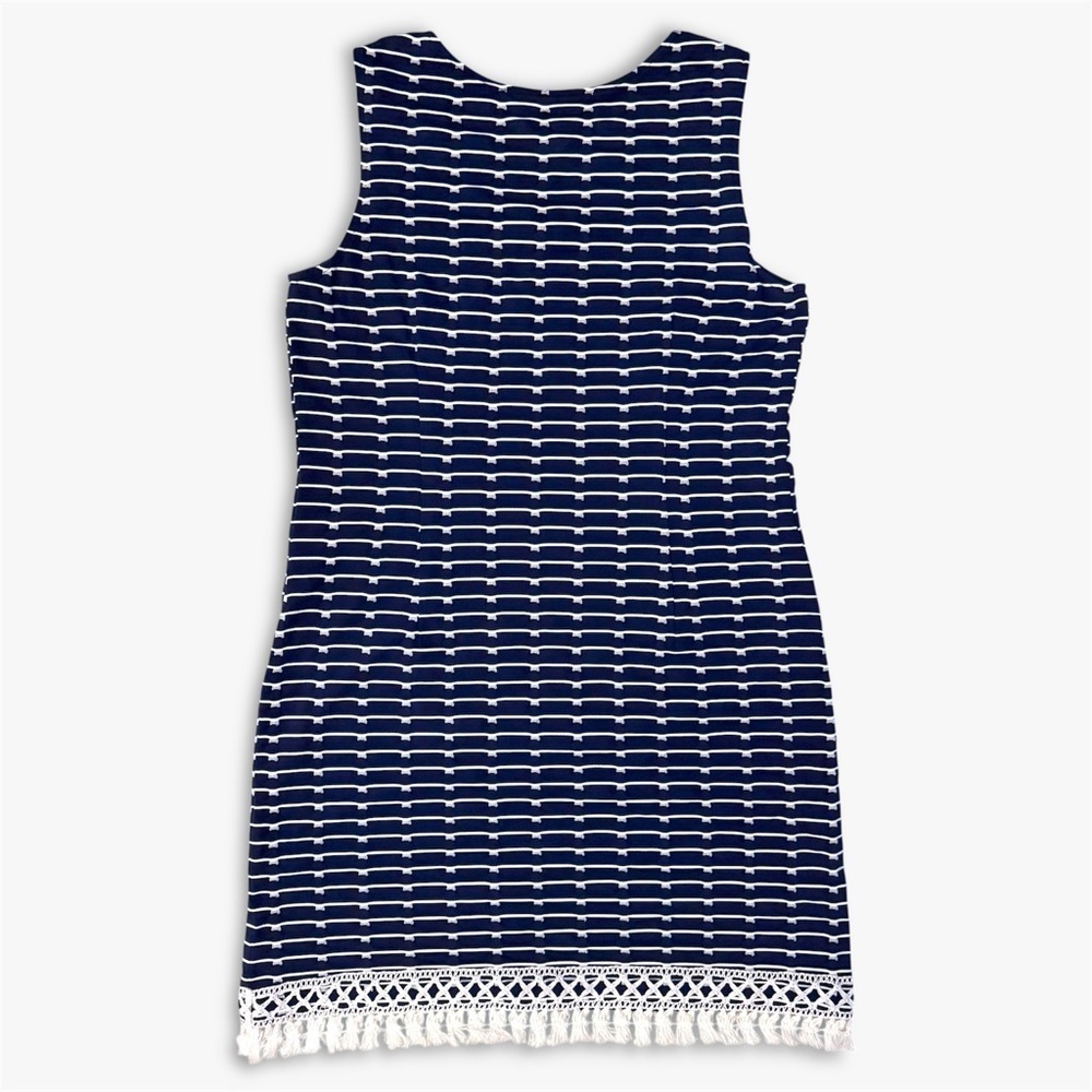 Sara Campbell Navy Stripe Shift Dress Tassel Fringe Hem Fully Lined Stretch M - Picture 3 of 13